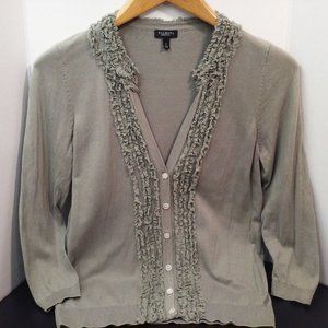 Talbots Silk-Cotton Fine Knit Cardigan Top Ladies sz-Small Fringe V-Neck Sage